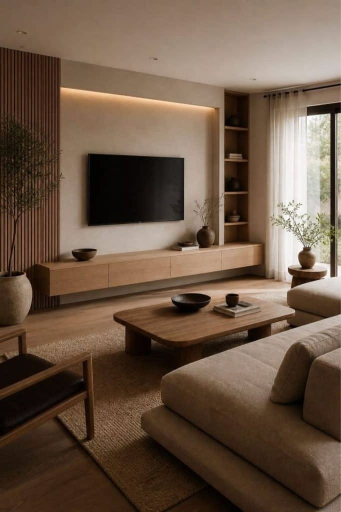 Floating media wall Japandi room.