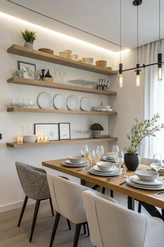 Dining room with floating display shelves.