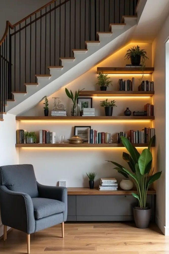 Floating shelves beneath staircase storage.