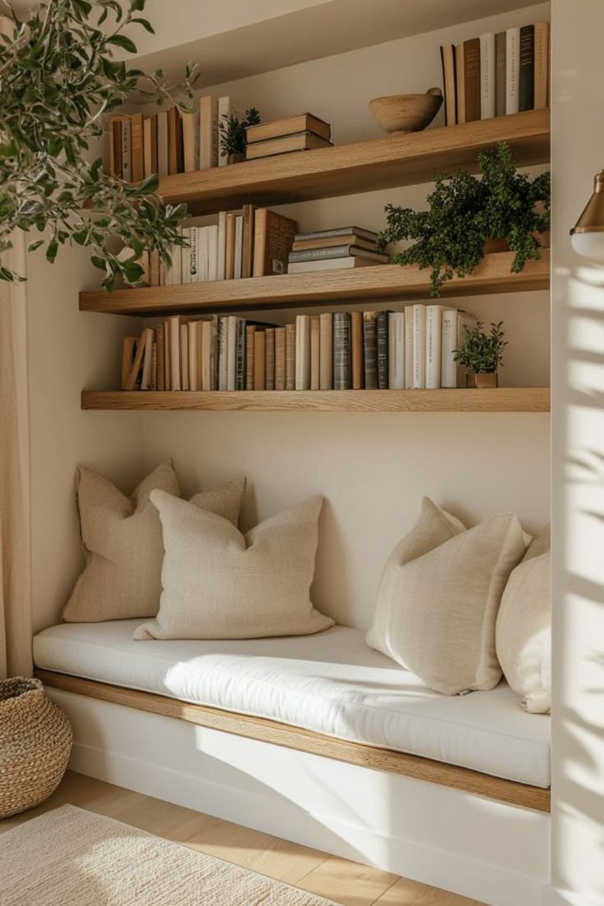 Floating shelves modern reading retreat.