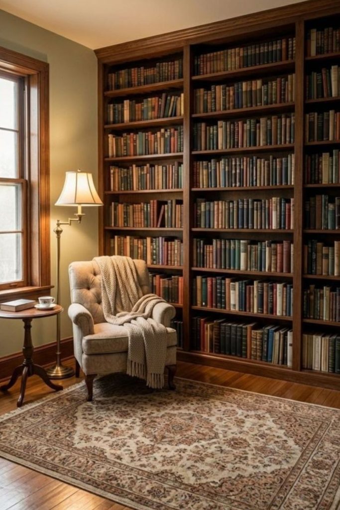 Floor-to-ceiling library with rolling ladder.