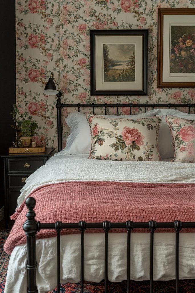 Floral caned grandmillennial bedroom retreat.