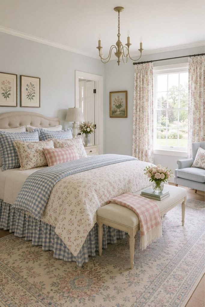Floral English cottage grandmillennial bedroom.