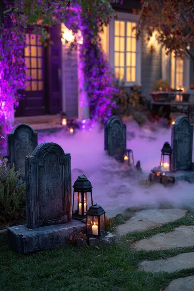 Foggy graveyard inspired spooky porch entrance.