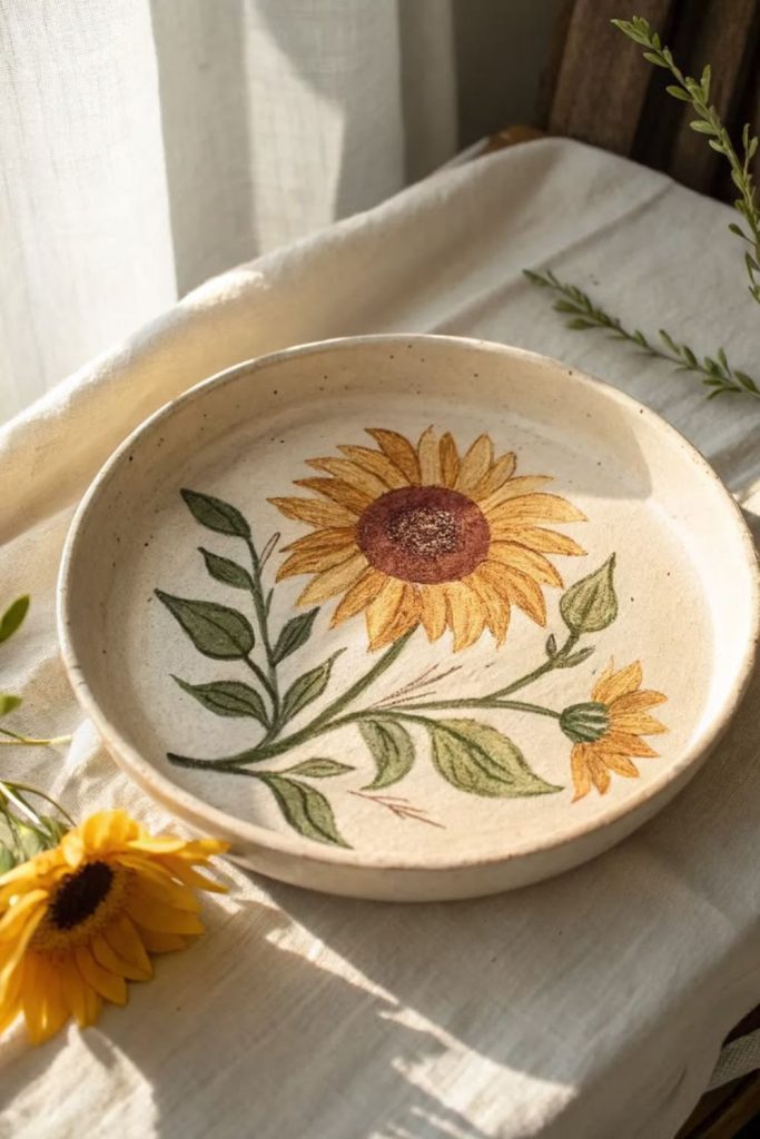 Folk art sunflower pottery painting.