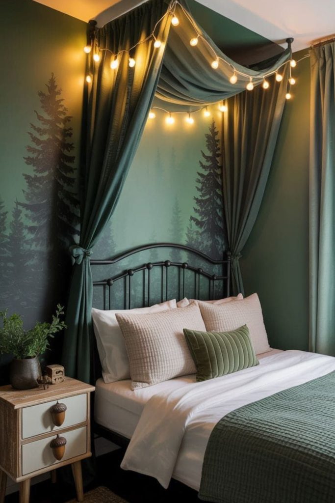 Forest-inspired bedroom with olive green walls.