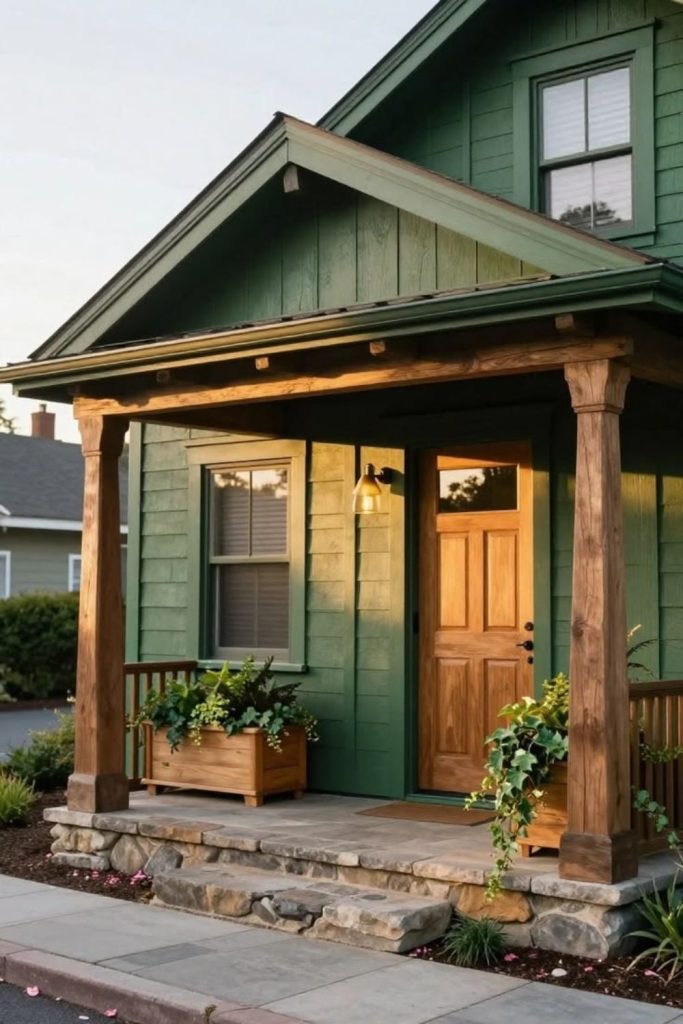 Forest green house with natural wood.