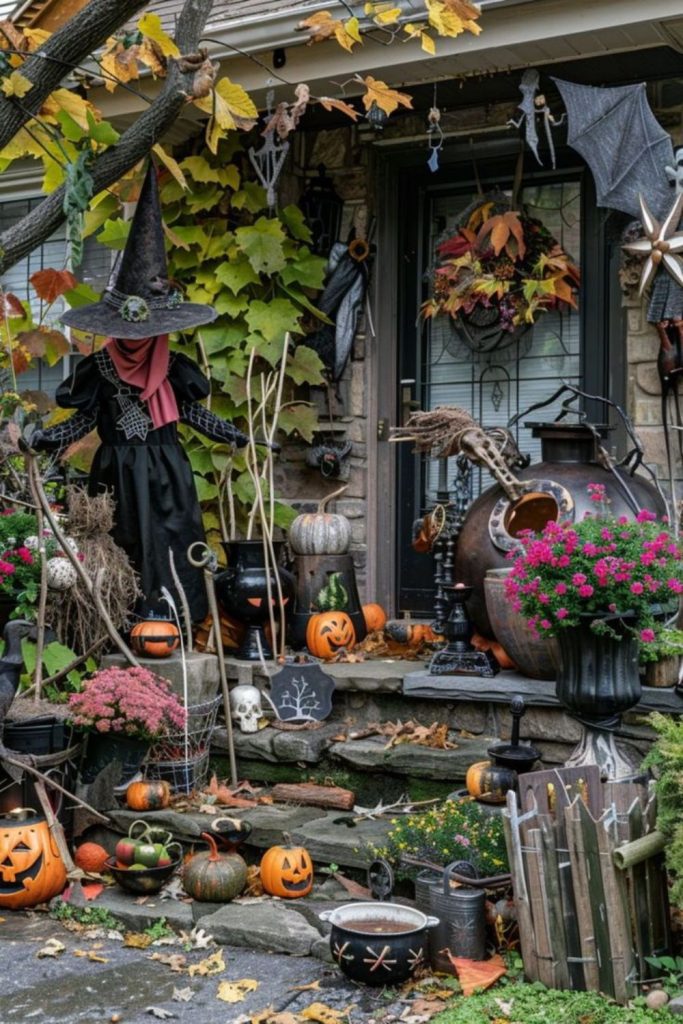 Enchanted woodland witch Halloween porch theme.