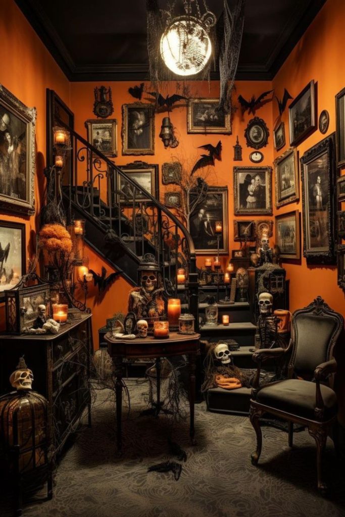 Dusty attic filled with Halloween antiques.