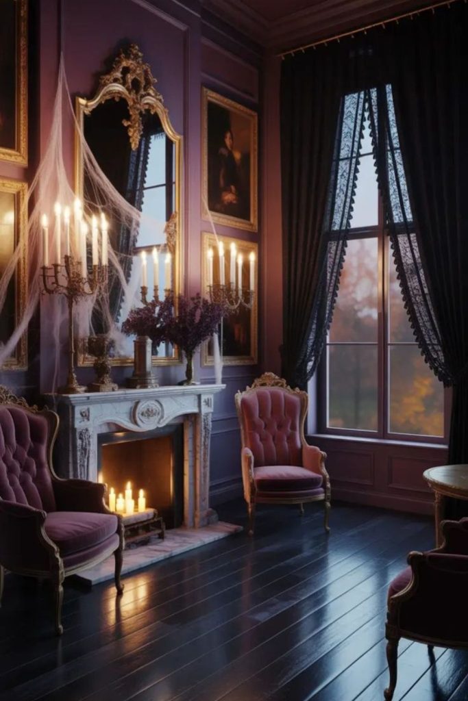Grand vintage foyer with Halloween elegance.
