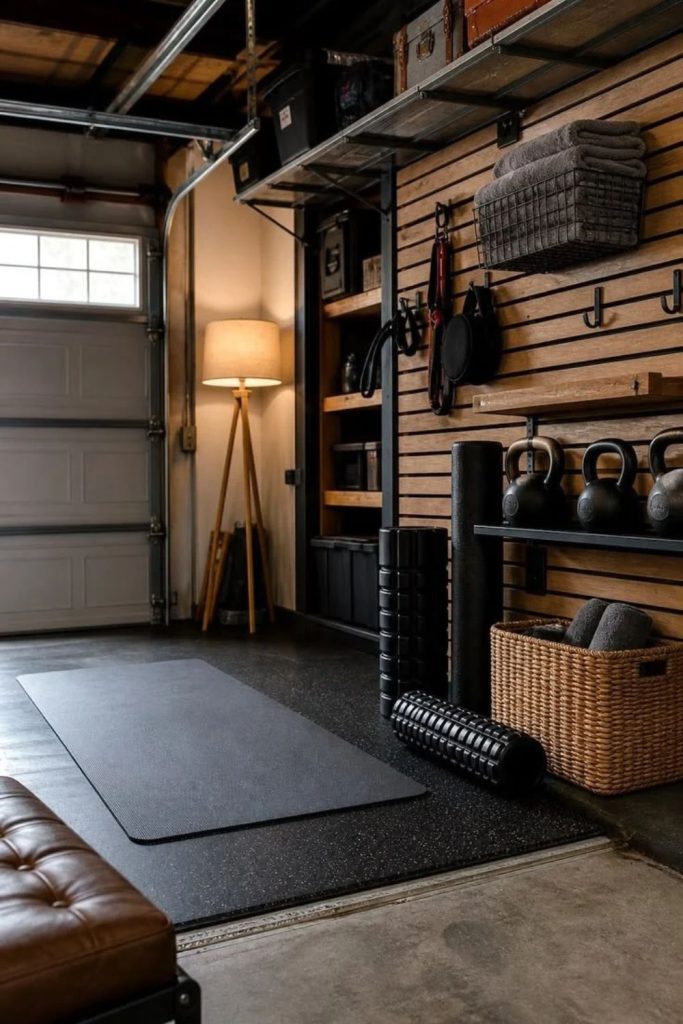 Garage gym with storage wall.