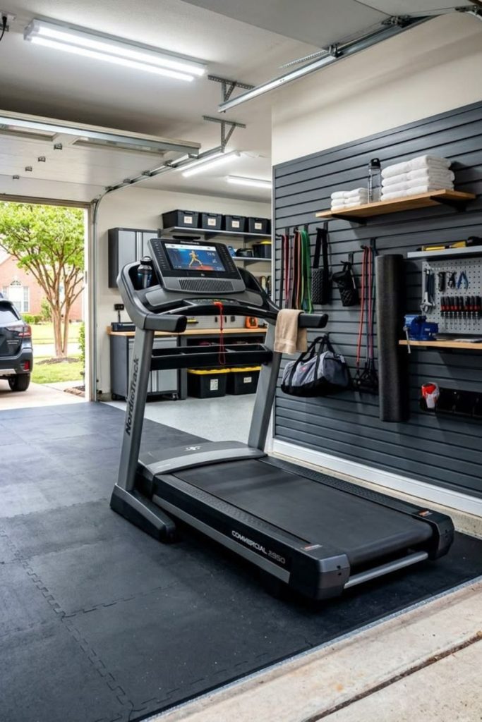 Industrial garage gym with equipment.