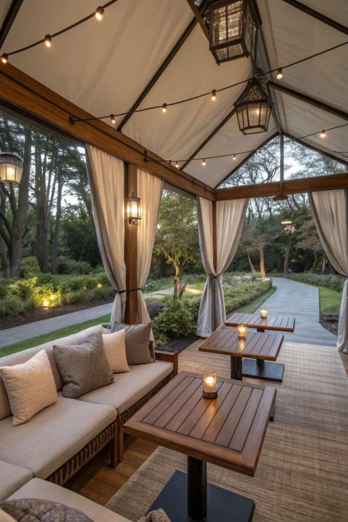 Elegant garden room dining pavilion.
