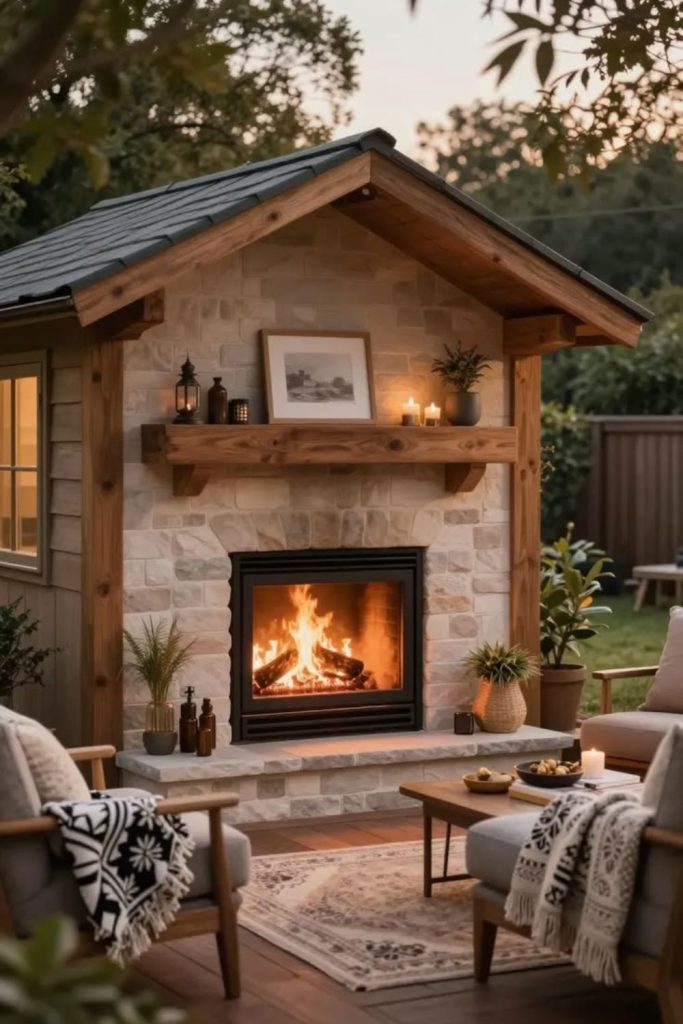 Cozy fireplace garden room retreat.