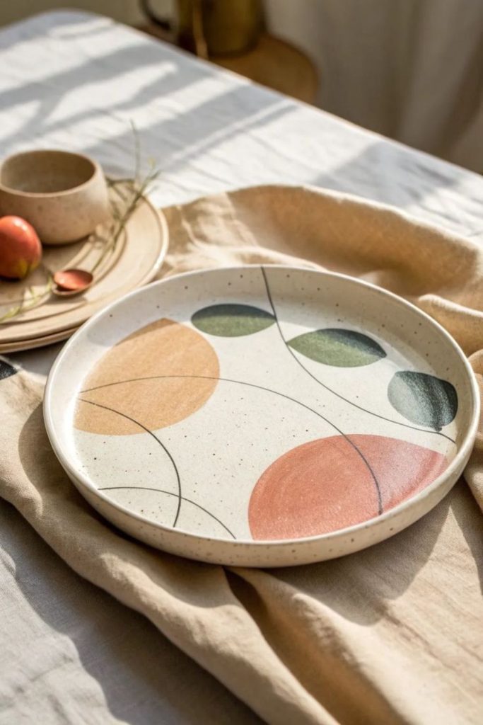 Geometric earth tone ceramic art.