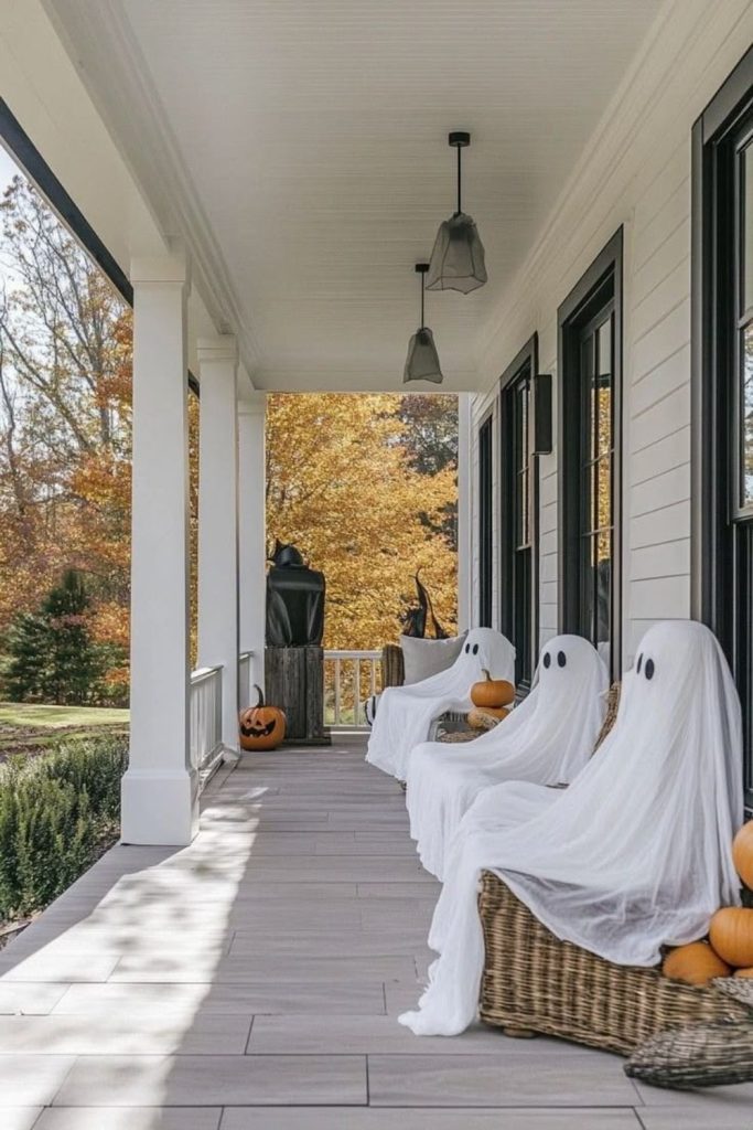 White ghost farmhouse Halloween porch decor.
