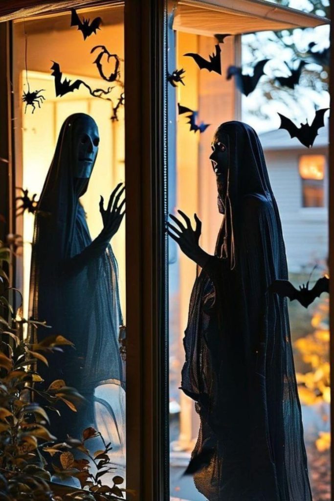 Ghostly figures watching through dark windows.