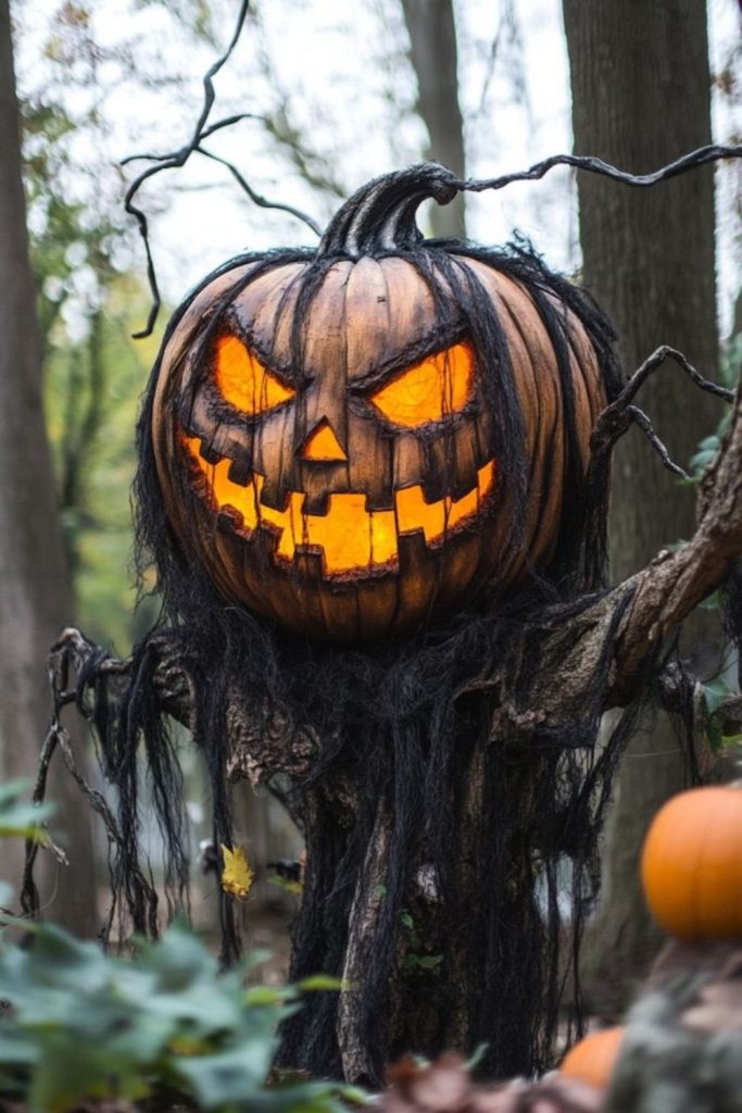 Giant haunted pumpkin with sinister face.