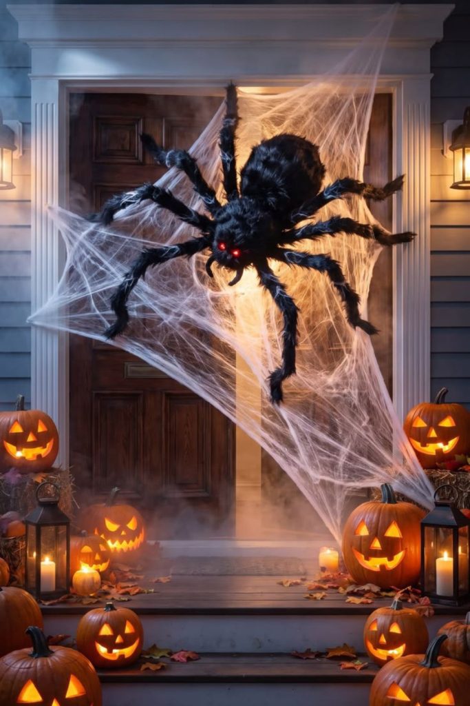 Giant spider crawling across haunted house.