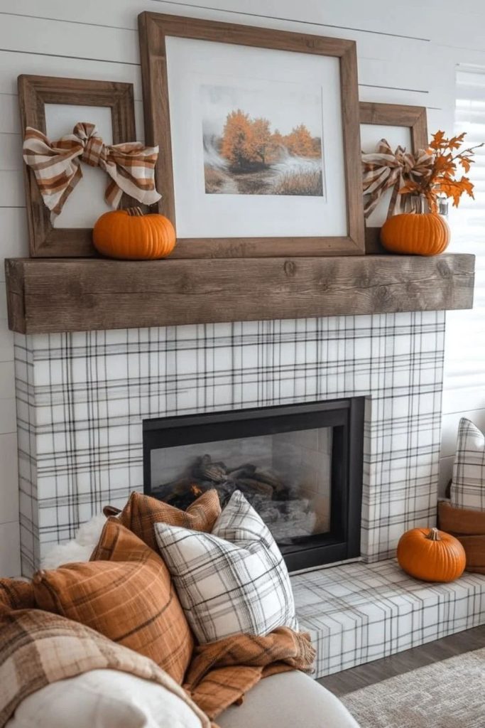 Gingham fall mantel with charming farmhouse accents.