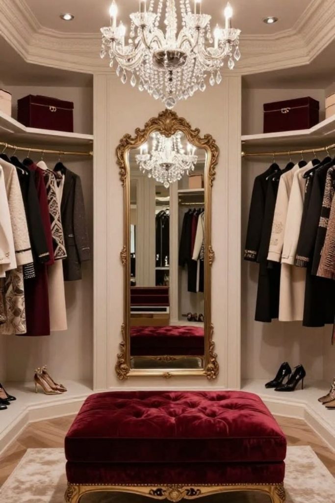 Glamorous Hollywood-style walk-in closet.