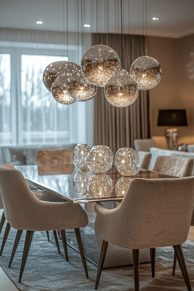 Glass dining table in modern room.