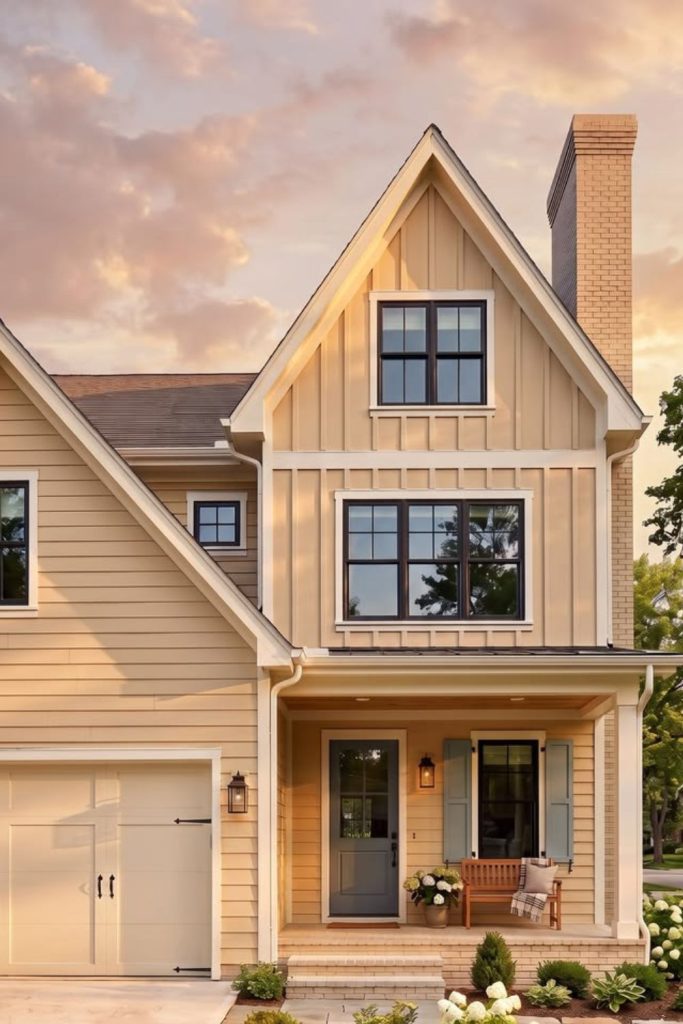 Golden beige house with white trim.