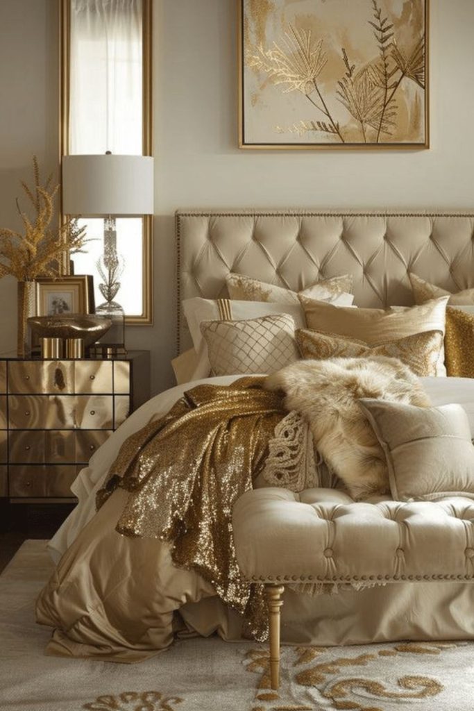 Beige luxury bedroom with gold accents.