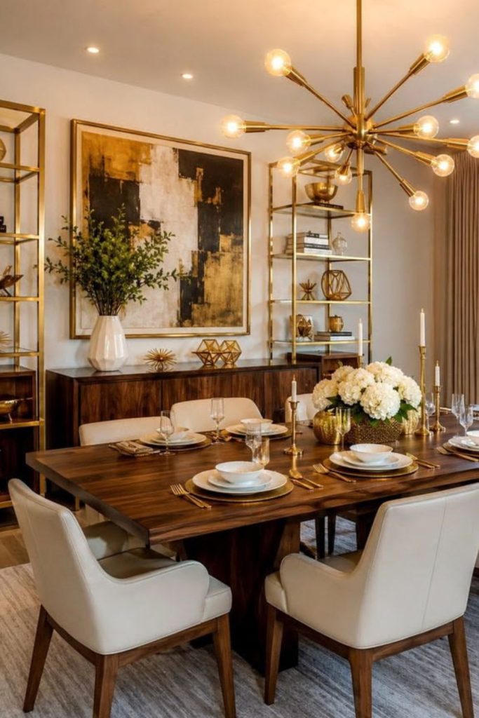 Brass lighting over warm dining space.