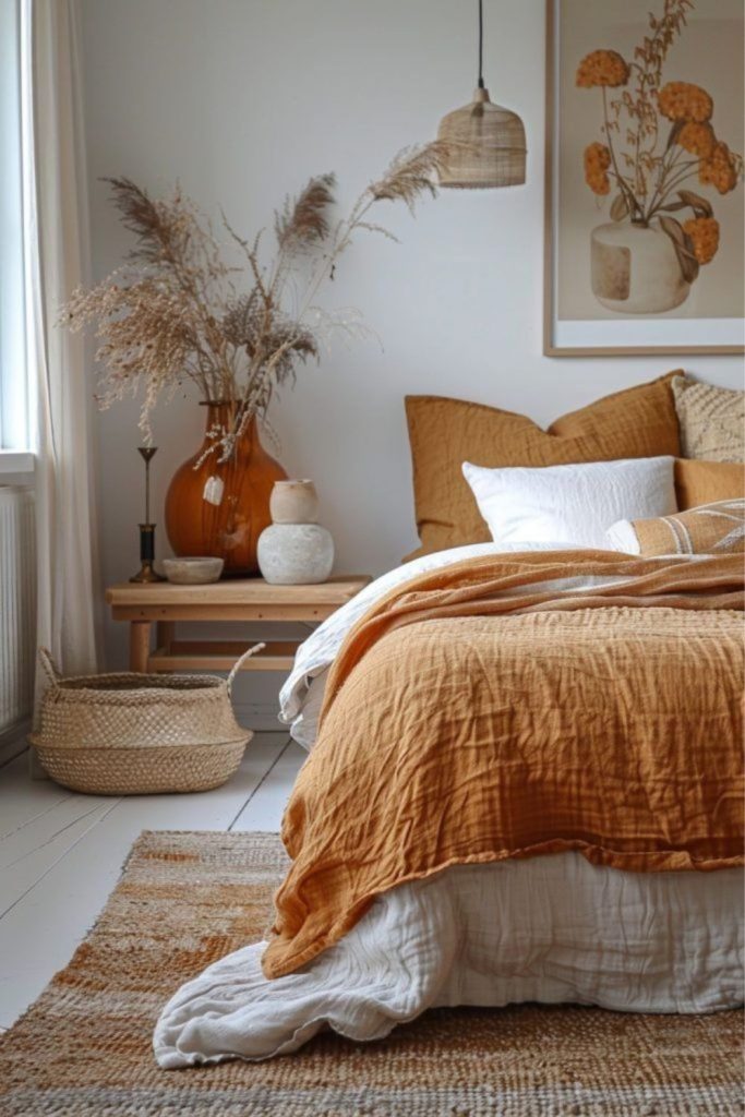 Golden-toned bedroom with warm oak furniture.