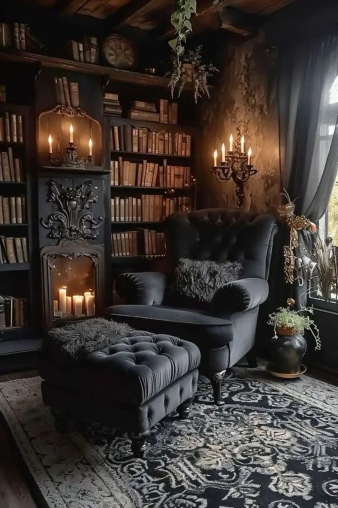 Gothic library decorated for Halloween ambiance.