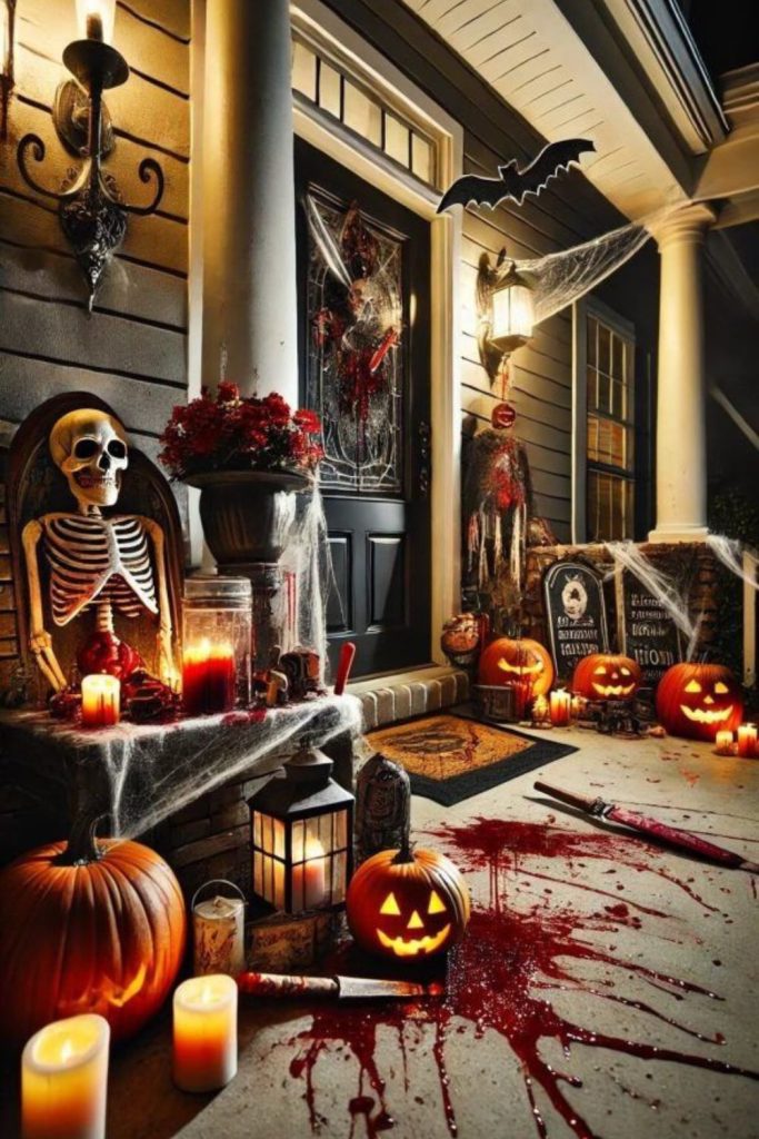 Black rose gothic porch Halloween styling.