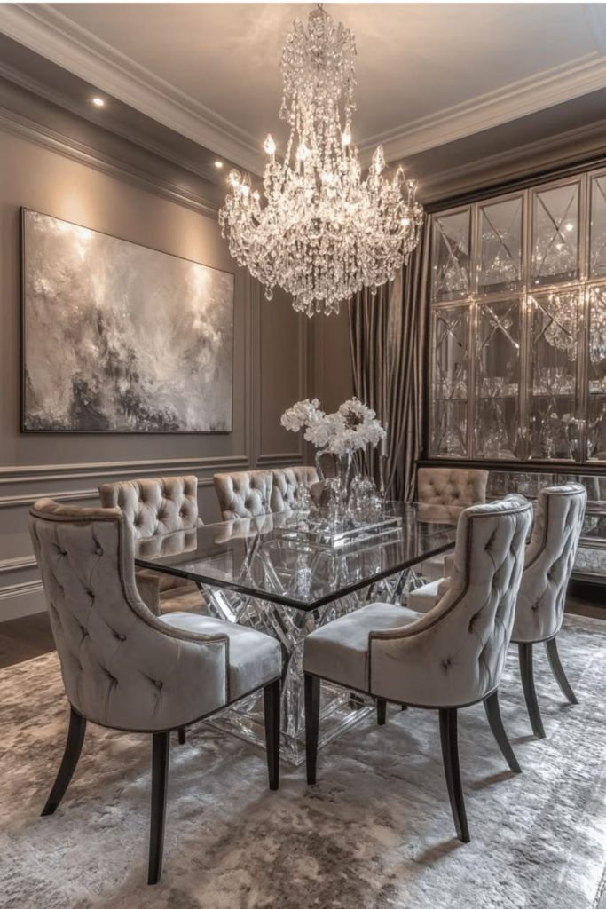 Crystal chandelier above elegant dining table.