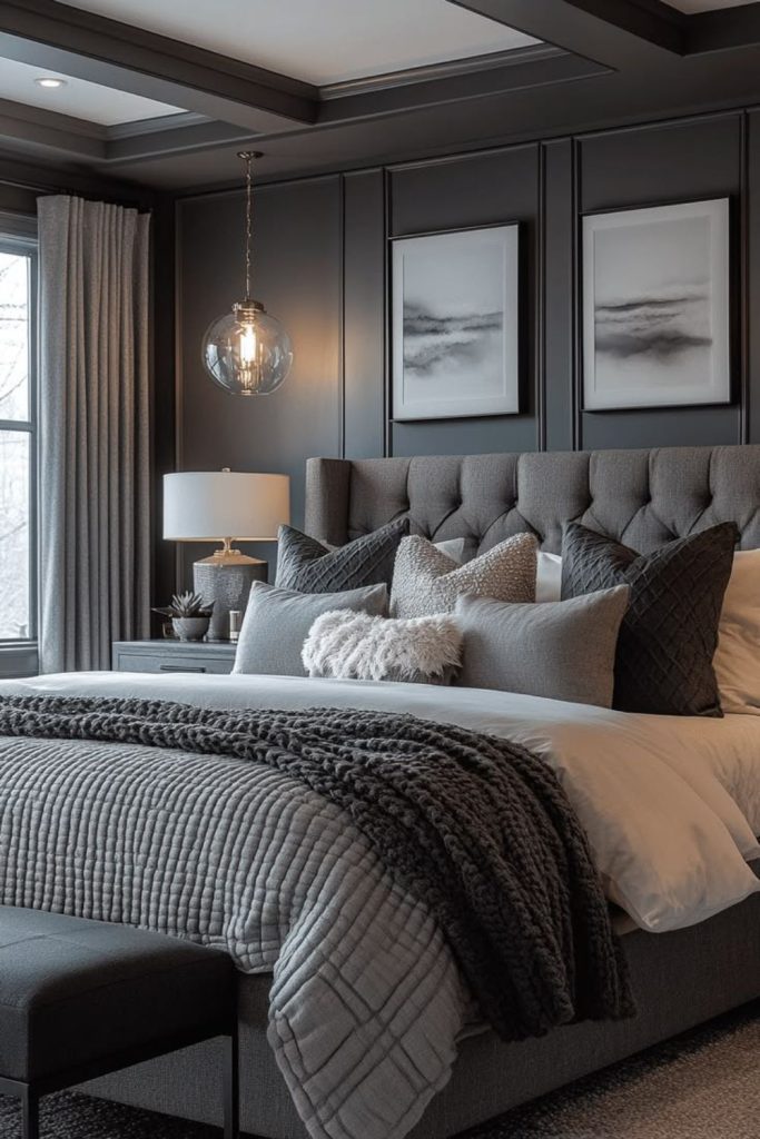 Graphite minimalist luxury bedroom with bronze.