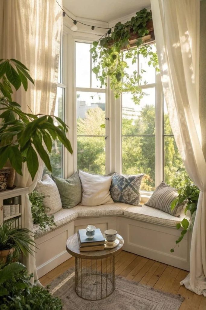 Greenhouse-inspired greenery window seat.