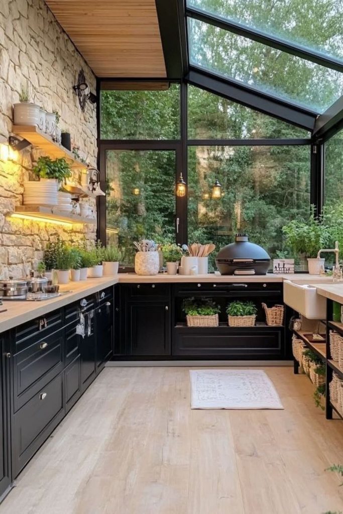 Bright greenhouse kitchen surrounded by greenery.