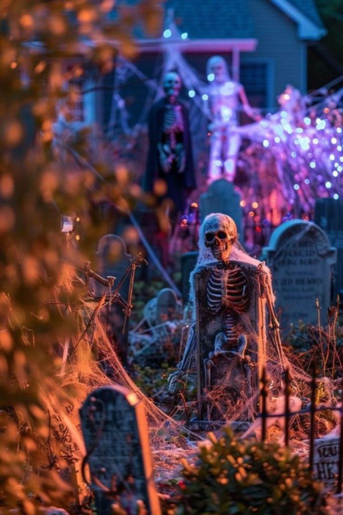 Skeleton rising from eerie graveyard.