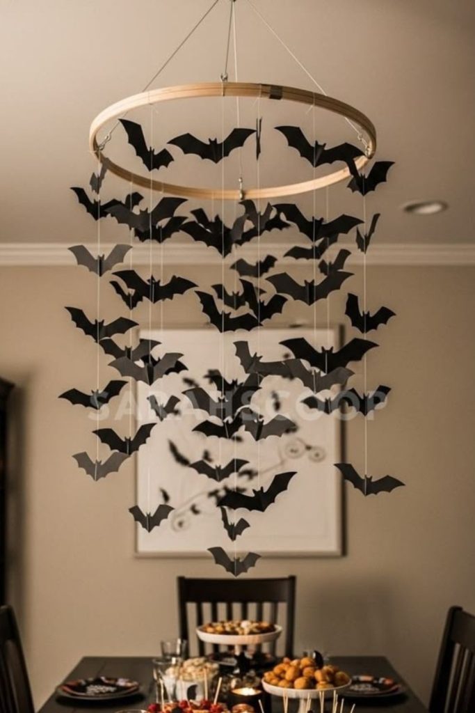 Hanging black bat swarm Halloween decor