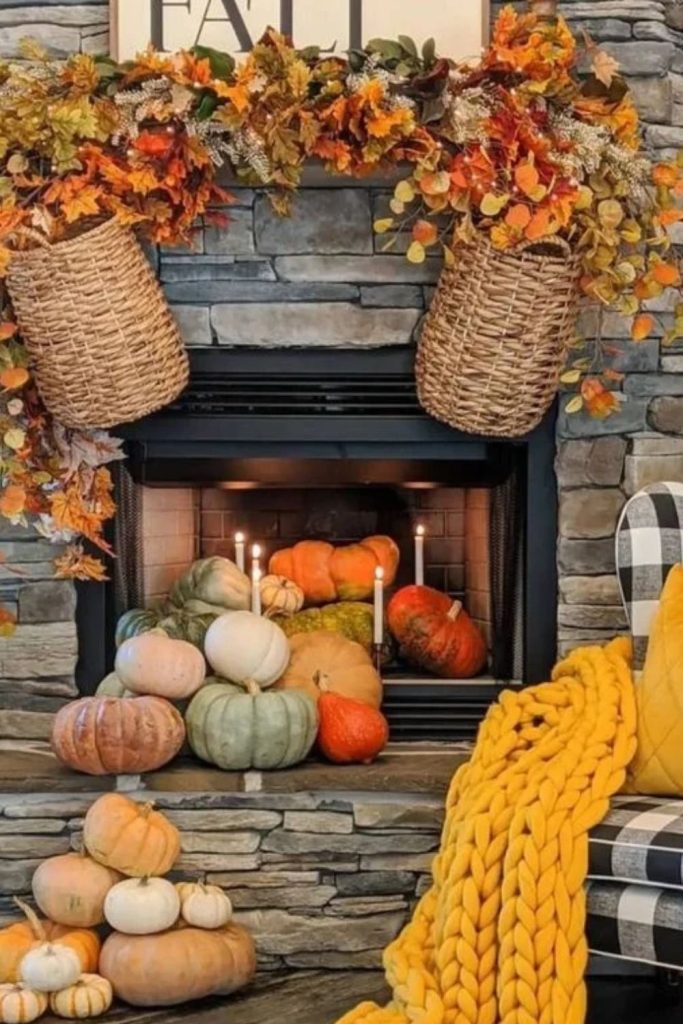 Harvest basket mantel filled with seasonal decorations.