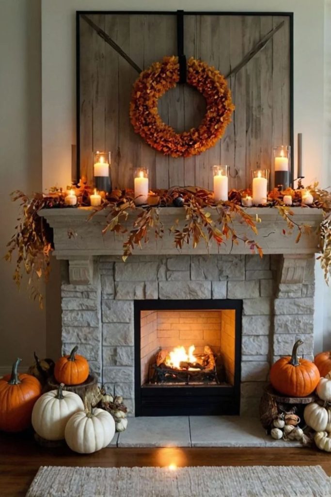 Harvest moon mantel with glowing autumn accents.