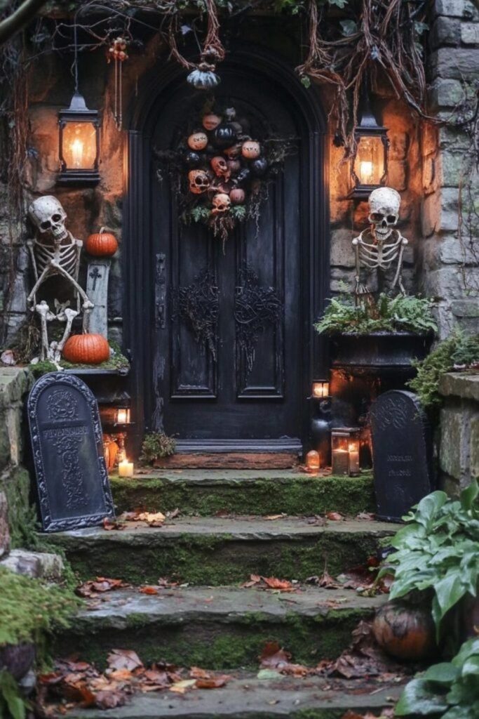 Cemetery porch with eerie gravestones display.