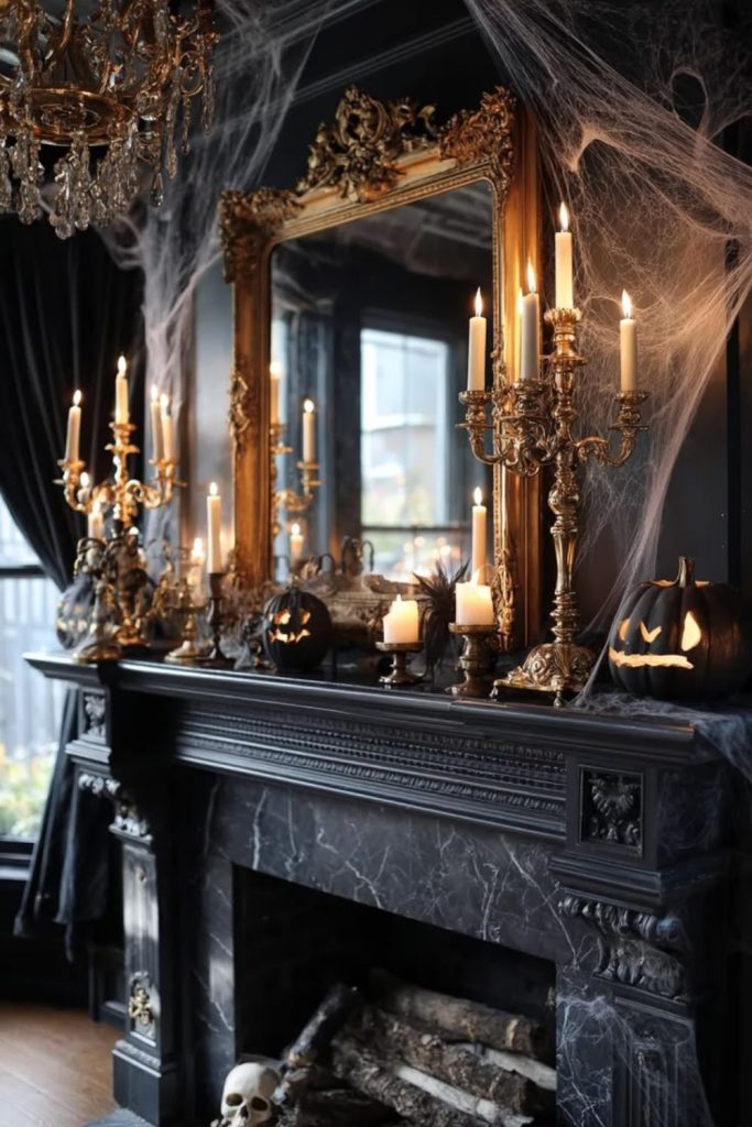 Vintage haunted mantel with antique candles.
