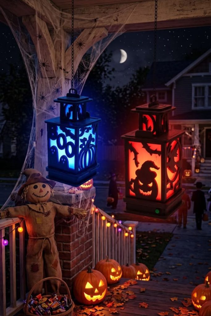 Haunted lantern walkway leading toward entrance.