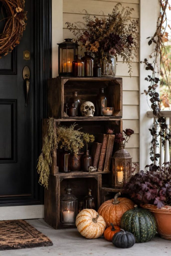 Haunted library porch with antique books.