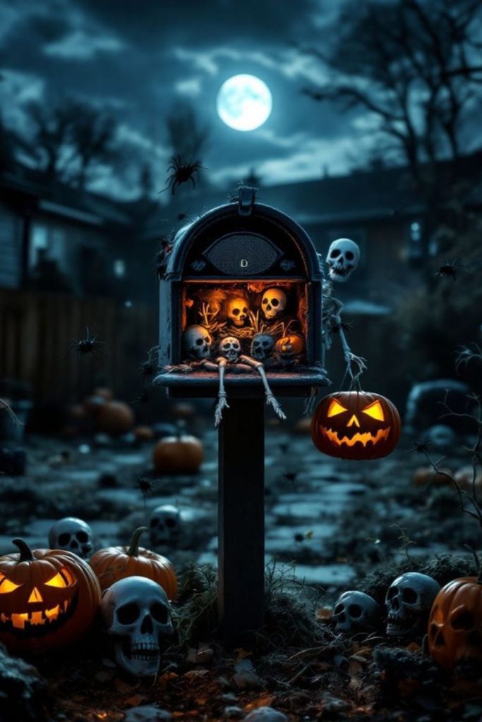 Haunted mailbox with miniature skeleton surprise.