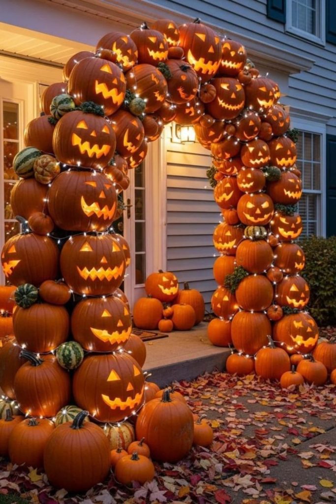 Haunted pumpkin archway welcoming Halloween guests.