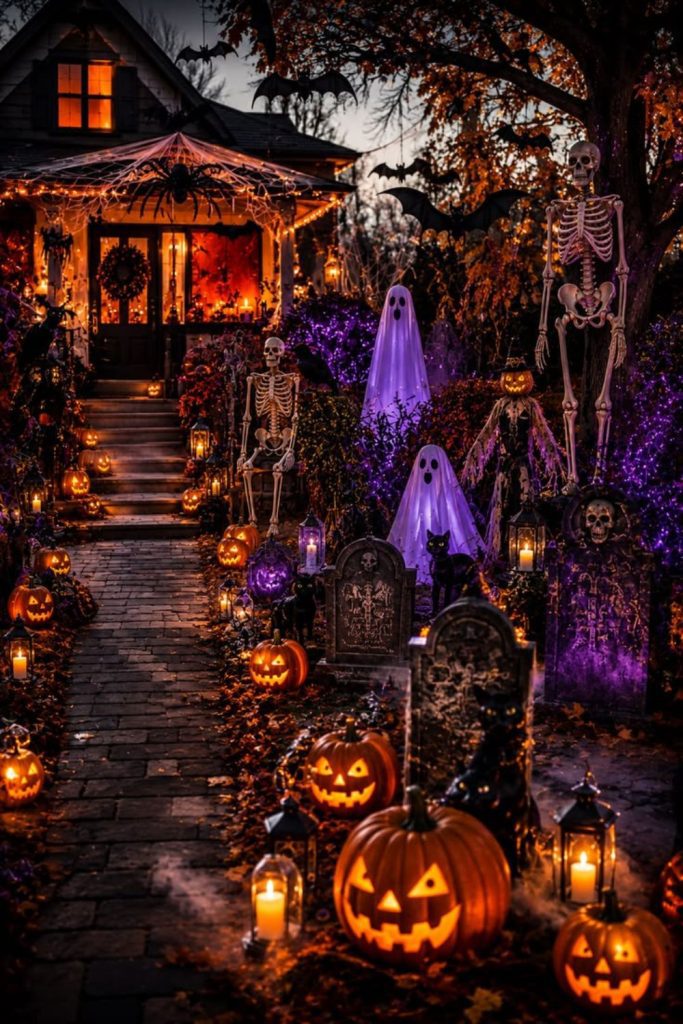 Haunted pumpkin pathway glowing at night.