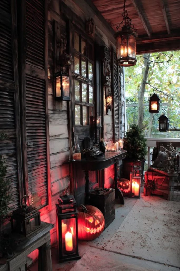 Haunted Victorian porch with glowing lanterns.