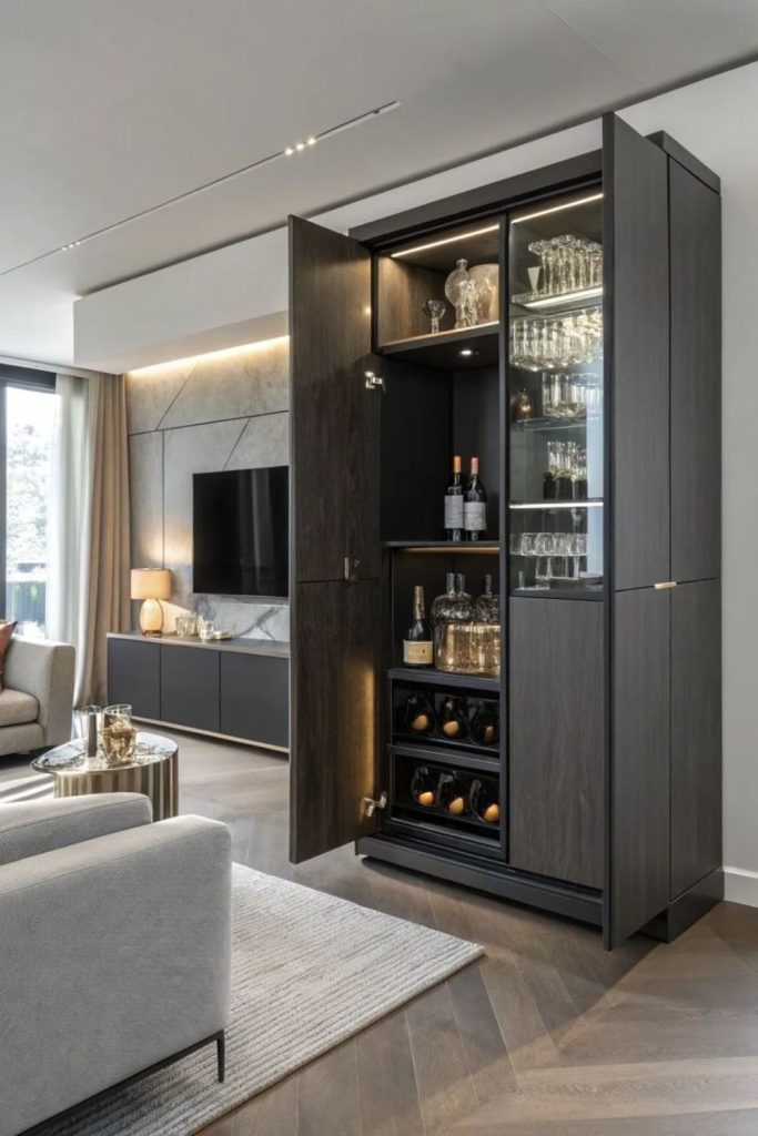 Hidden bar broken plan living room.