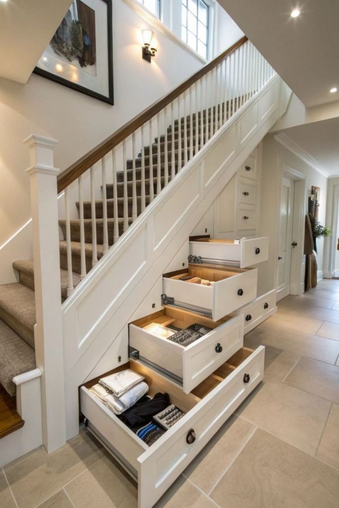 Hidden drawer storage beneath staircase.